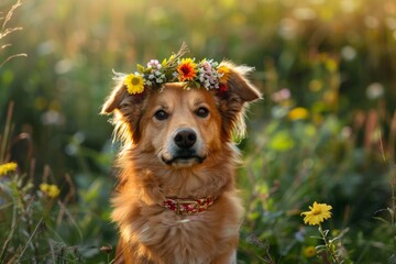 Wall Mural - Dog wearing floral wreath in meadow at sunset. Summer Solstice Day, Midsummer, Litha, Ivan Kupala celebration. Slavic pagan holiday. Wiccan ritual, witchcore aesthetics. 