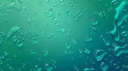 Wall Mural - Drops of condensation on a green horizontal background. Rain droplets with light reflection abstract wet texture, scattered pure aqua blobs pattern, backdrop, realistic 3D modern footer or header.