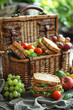 Picnic basket overflowing with sandwiches and fruit