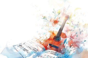 watercolor guitar and notes sheet flower, style of grunge, musical instrument concept, music concert lover background, card frame with copy space.