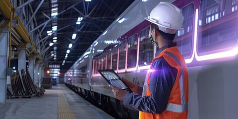 Engineer in a high-visibility vest and hard hat using a tablet to inspect a train in a depot. The modern facility is well-lit, emphasizing advanced technology and automation