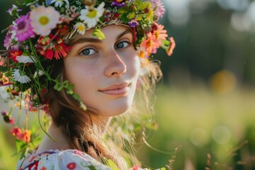 Wall Mural - Woman with floral wreath in meadow. Summer Solstice Day, Midsummer, Litha, Ivan Kupala celebration. Slavic pagan holiday. Wiccan ritual, witchcore aesthetics