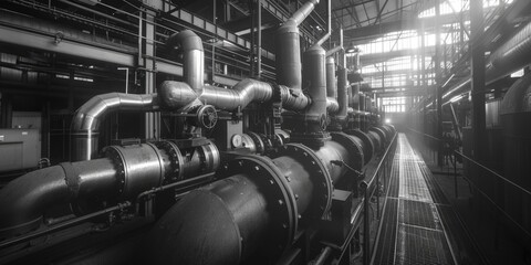 Canvas Print - Industrial pipes and valves in black and white, suitable for engineering projects