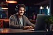 © shelbys - A young man using a laptop while wearing headphones Fictional Character Created By Generative AI.