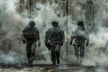 Wall Mural - Group of soldiers walking through thick smoke. Suitable for military or war-themed projects