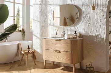 Sticker - A light wooden bathroom vanity with an oval mirror hanging on the wall above it, set against a white textured wallpaper