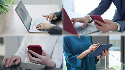 Aufkleber - Collage video of scenes of group of people using various digital devices. Blur transition from white background.