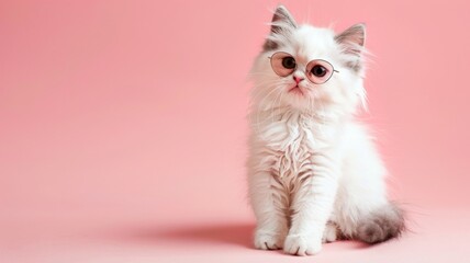 A fluffy white Persian kitten, donning stylish sunglasses, sits on the right side of a blush pink background, with room on the left for text, ideal for promoting pet adoption campaigns. 