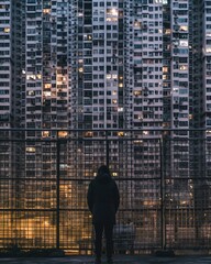 Wall Mural - chinese 15 minute cities, concrete jungle, dystopian, massive scale, at the entrance of an apartment complex, a man standing in front of a guarded cage gate, urban hell. generative AI