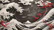 3D Japanese style wall art, intricate paper cutout, layered, black and grey, waves, dragon, cherry blossoms, red sun, oriental background, detailed, in the style of oriental artists