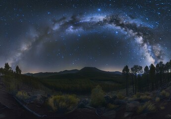 Fantastic starry night landscape with trees and Milky Way