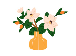 Wall Mural - Flowers in vase. Garden floral bouquet, blooming bunch. Beautiful blossomed plant arrangement, elegant delicate natural magnolia decoration. Flat vector illustration isolated on white background