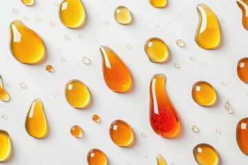 Wall Mural - Close-up of numerous liquid drops on a plain white background. Versatile image for various design projects