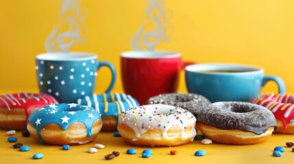 Poster - Imagine a delightful scene with donuts adorned in blue icing and white stars alongside those drizzled with red icing and white stripes all complemented by a steaming cup of coffee set again