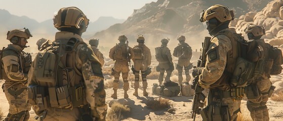 Fully equipped group of soldiers planning their actions before a military operation in the desert.