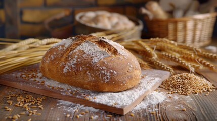 Fresh loaf of bread on rustic wooden surface, ideal for food blogs and recipe websites