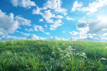 Sticker - A peaceful grass field with a clear blue sky in the background. Suitable for nature and landscape concepts