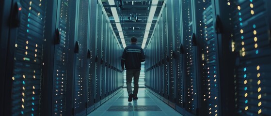 Canvas Print - Mechanic working in Data Center. Walking among rows of servers.