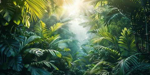 Wall Mural - Tropical Jungle Background. Atmospheric Wallpaper with Lush, Tropical Vegetation.
