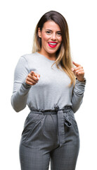 Canvas Print - Young beautiful worker business woman over isolated background pointing fingers to camera with happy and funny face. Good energy and vibes.