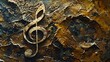 A musical note on a rusted metal surface.
