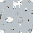Farm animals, seamless countryside pattern in Scandinavian style. Domestic livestock in country, village. Rural repeating print, texture design, cute sheep, goat. Flat vector illustration for textile