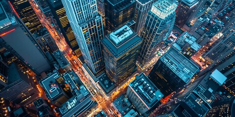 Wall Mural - Aerial view of office buildings and traffic in downtown at night