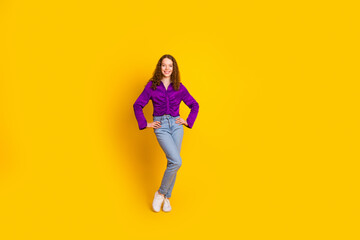 Sticker - Full length photo of lovely young lady posing model dressed stylish violet garment isolated on yellow color background