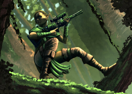 A beautiful elf sniper with a rifle in green clothes, with camouflage on her face stands on the branches of a huge tree in the middle of an ancient forest. 2d illustration