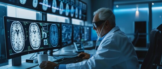 Sticker - Over the Shoulder Shot of a Senior Medical Scientist Working on CT Brain Scan Images on a Personal Computer in a Laboratories. Neurologists in the Research Center Work on Curing Brain Tumors.