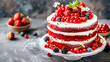 Red Velvet cake with a bright white cream texture,  berries. Holiday desserts.