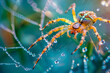 Close-up view of a spider on his web dripping with dewdrop.