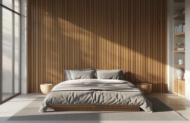 Sticker - A minimalist bedroom with an elegant wooden wall panel, showcasing vertical stripes of light and dark wood for visual interest