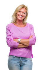 Wall Mural - Middle age blonde woman over isolated background happy face smiling with crossed arms looking at the camera. Positive person.