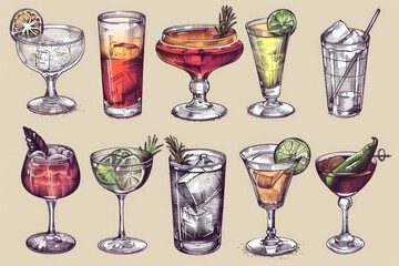 Canvas Print - A variety of cocktails illustrated. Perfect for menu designs or cocktail recipes