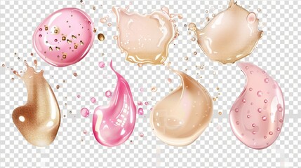 Wall Mural - A set of realistic cosmetic cream and scrub smear modern illustrations. A gel, a scrub with small grains and particles, and a cosmetic face mask or serum texture smudge swatch isolated on transparent