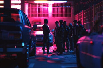 Poster - Group of people standing on a night street. Suitable for urban lifestyle concept