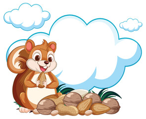 Wall Mural - Cartoon squirrel sitting with nuts, happy expression