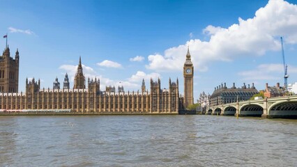 Wall Mural - Panned time lapse view of the Westminster Palace and Big Ben clocktower in London, England, during a sunny summer day