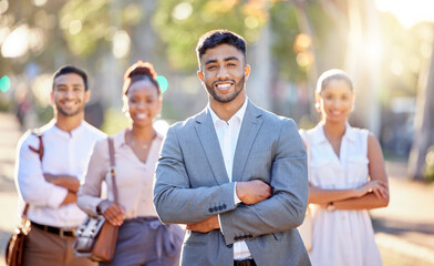 Canvas Print - Portrait, city and businessman for pride with smile, lens flare and teamwork with solidarity. Male worker, confidence and corporate manager in urban park with sunshine for collaboration and support