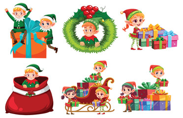 Wall Mural - Colorful illustrations of elves with Christmas gifts and decorations