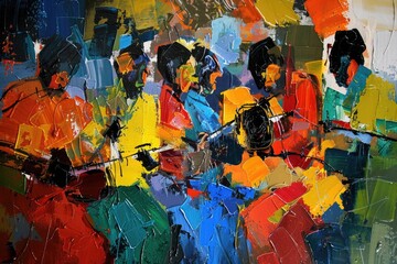 Sticker - A vibrant painting featuring a group of musicians. Perfect for music events or promotions