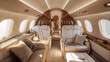 © M - Opulent interior of a private jet, showcasing plush leather seats, elegant wood paneling, and spacious cabin design for exclusive travel. Luxury Private Jet Interior with Comfortable Seating