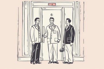 Wall Mural - Three men standing in front of a door, suitable for business or security concepts