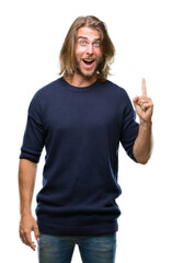 Poster - Young handsome man with long hair wearing winter sweater over isolated background pointing finger up with successful idea. Exited and happy. Number one.