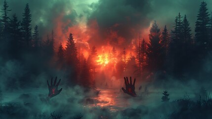 Observe a macabre scene of ghoulish hands breaking through the ground, surrounded by night mists in a sinister forest clearing.