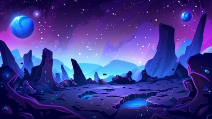 Wall Mural - space game background with alien planet landscape with rocks, cracks, glowing spots, mist and glowin