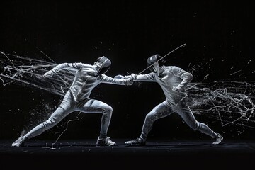 Sticker - Two men in fencing suits engaged in a fierce battle. Suitable for sports or competition concepts