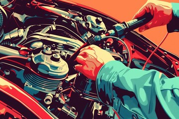 Wall Mural - A man is seen working on a car engine. Suitable for automotive industry promotions