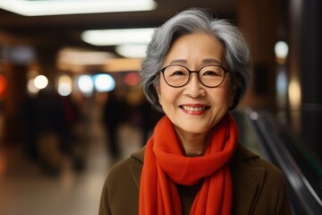 Wall Mural - Portrait of a smiling asian woman in her 60s wearing a cozy sweater isolated on bustling shopping mall